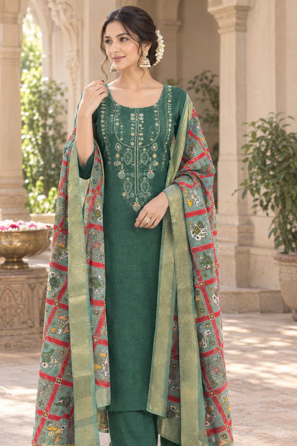 Emerald Heritage Bloom Unstitched Suit