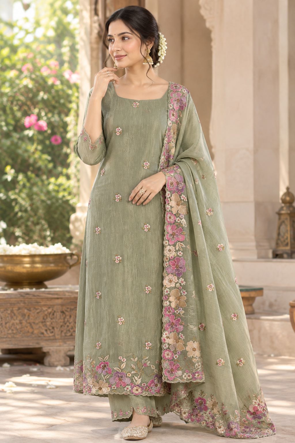 Misty Sage Blossom Unstitched Suit