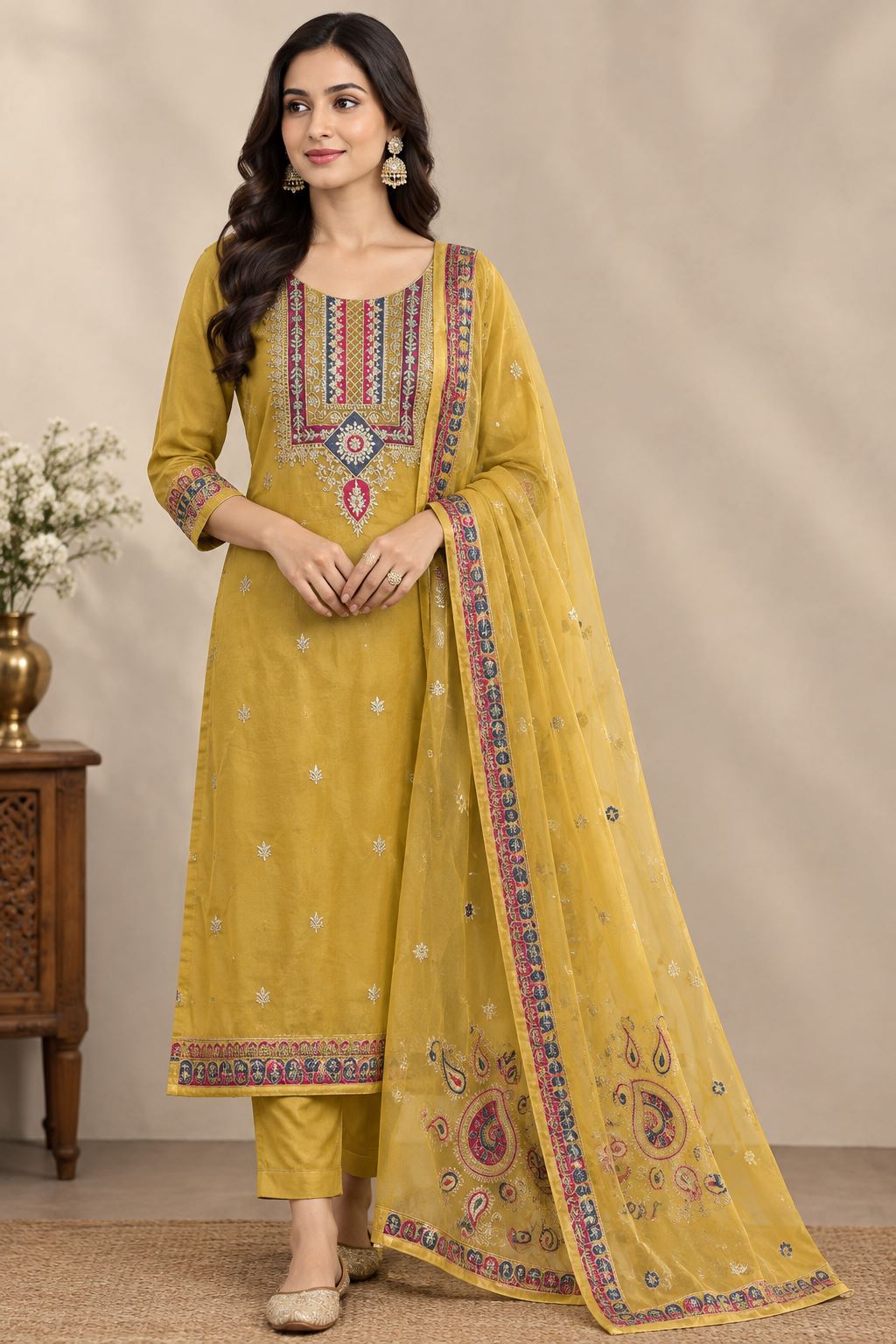 Mustard Zari Delight Unstitched Suit